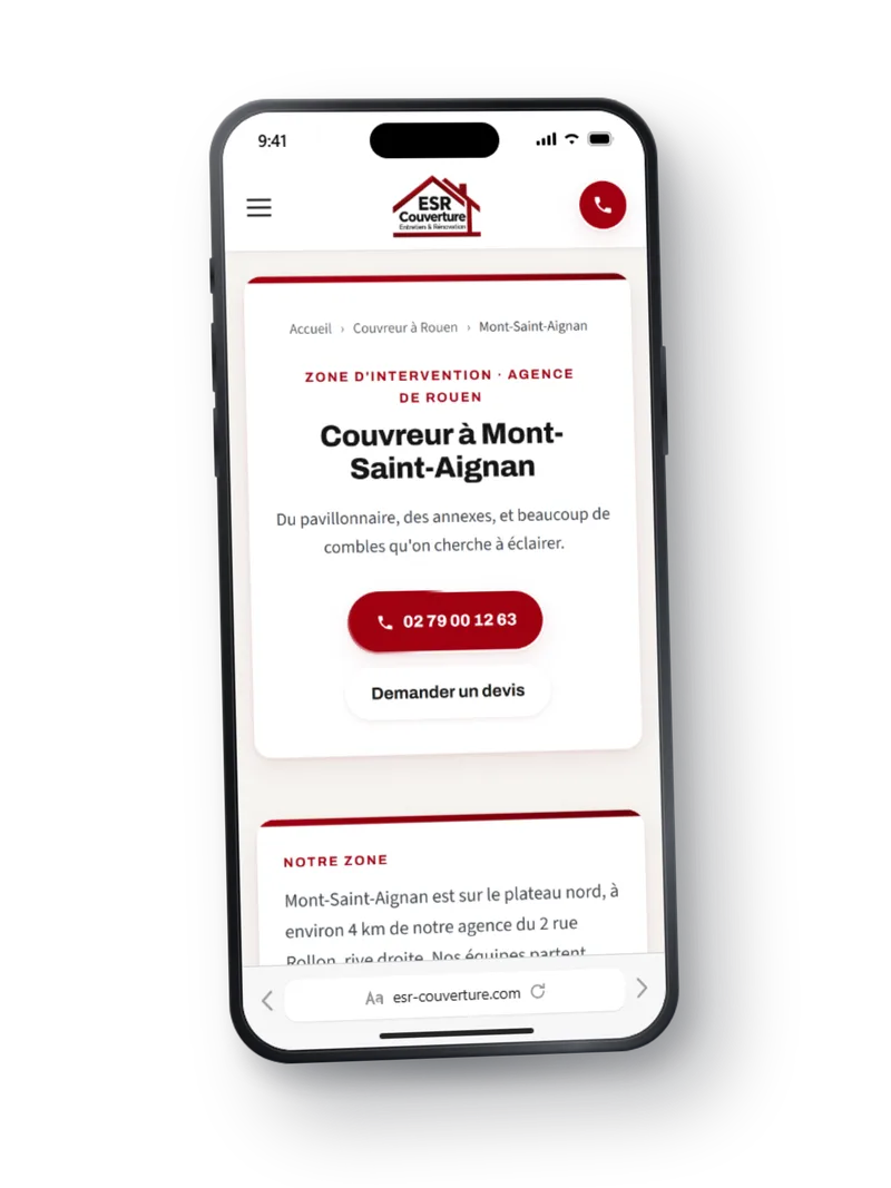 Page « Couvreur à Mont-Saint-Aignan » du site d’ESR Couverture