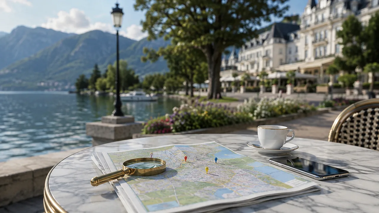 Carte et loupe posées sur une table de café au bord du lac du Bourget, face aux façades Belle Époque de la ville thermale