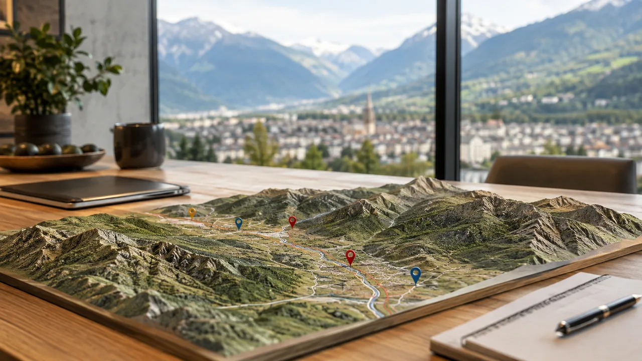 Maquette en relief des vallées de Tarentaise repérée par des marqueurs, devant une fenêtre ouverte sur Albertville et les montagnes