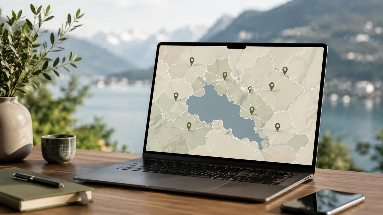 Ordinateur portable posé face au lac d'Annecy, affichant une carte du bassin annécien constellée de repères