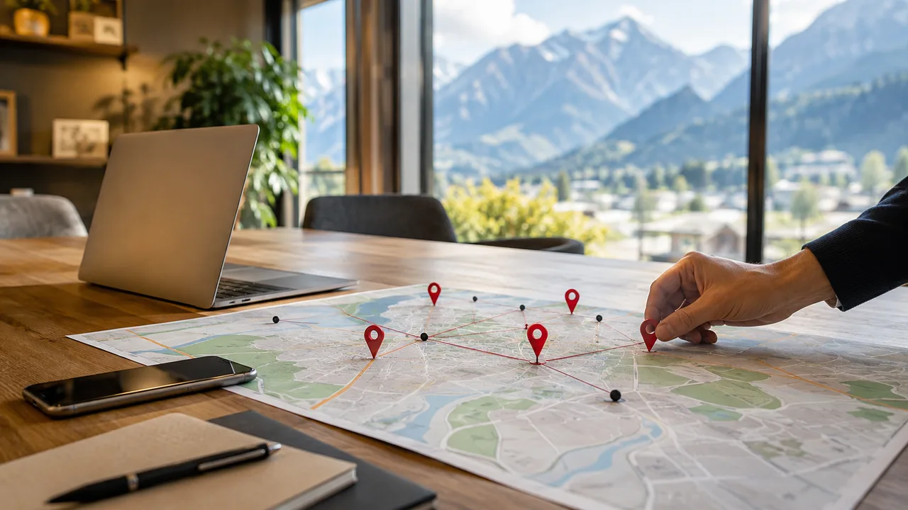 Carte de l'agglomération chambérienne, punaisée et reliée par des fils, sur une table ouverte sur la vallée et les montagnes