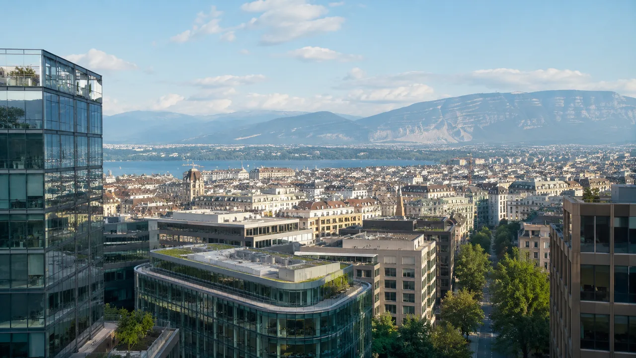 Vue sur Genève depuis les hauteurs : immeubles de bureaux vitrés, toits de la ville, le lac et le Salève au fond