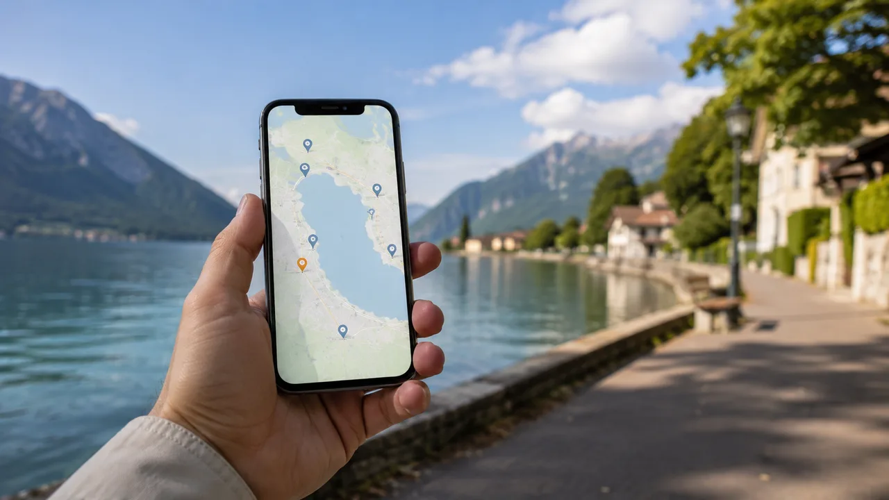 Smartphone affichant une carte du lac d'Annecy et ses repères, tenu depuis la promenade de la rive ouest