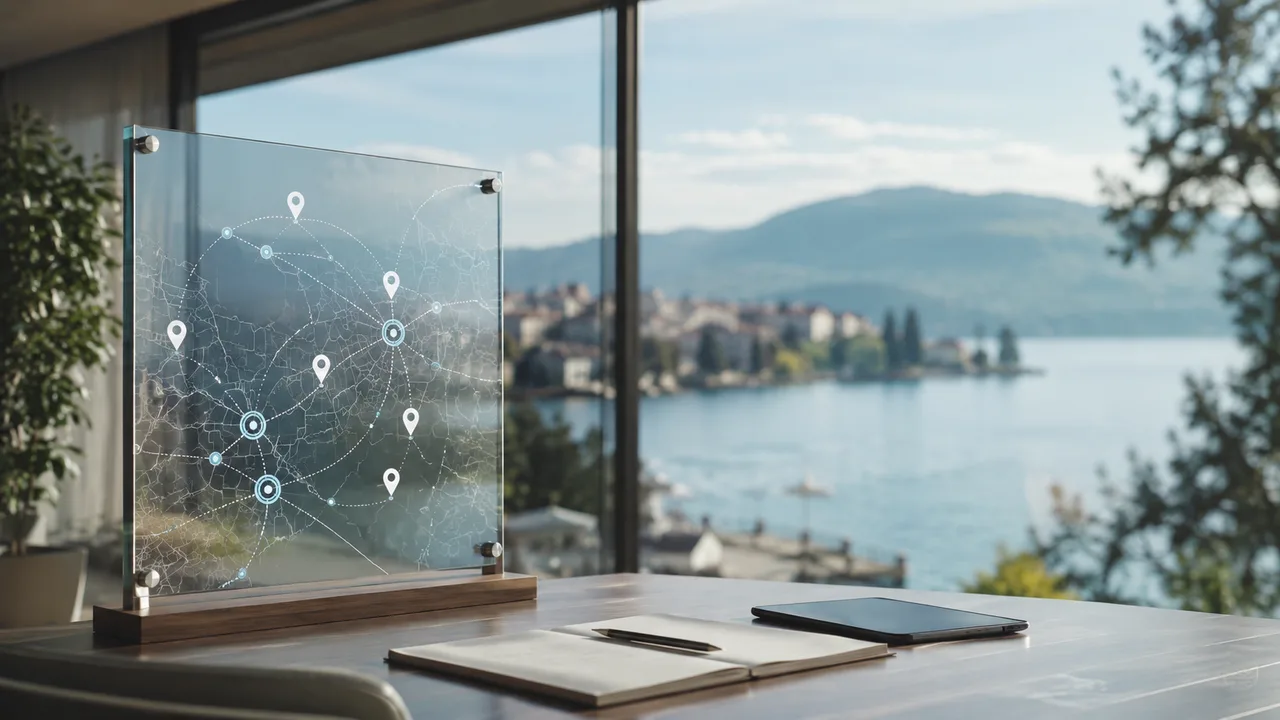 Carte du Chablais présentée sur un panneau de verre, devant une baie vitrée ouverte sur le Léman et sa rive